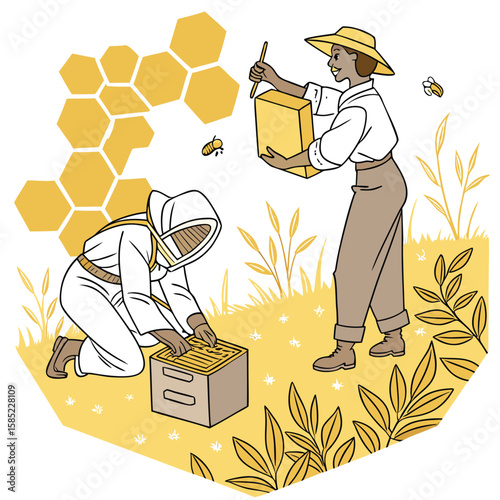 Two beekeepers tending to beehives in a field with honeycomb and bees in the background illustration