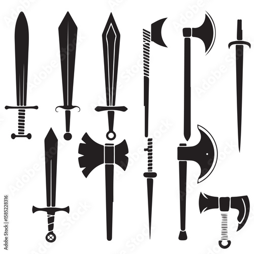 A collection of various black and white sword and axe weapon illustrations in a vector format design