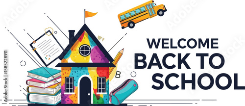 Back to school illustration with schoolhouse and bus