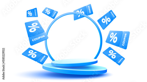 Blue coupons with percentage fly near podium. Vector illustration