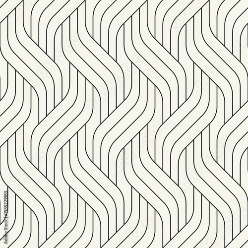 Vector seamless pattern. Endless, stylish, tileable design. Rippled, monochrome, geometric background. Linear, weaved grid. Thin, interlaced swatch. Can be used as a swatch for Illustrator.