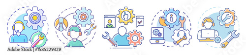 Conceptual illustration of support, maintenance, and technical assistance with gears and operators
