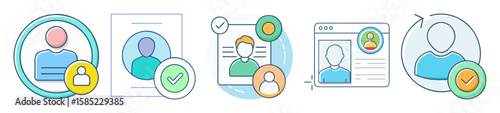 Collection of user profile and account verification icons and symbols in blue