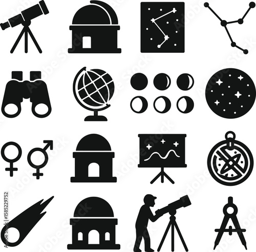 A detailed and clean solid black silhouette EPS vector illustration set featuring essential astronomy and telescope-related icons, isolated on a white background. This collection includes classic tele