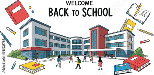 Welcome back to school illustration with students and school building
