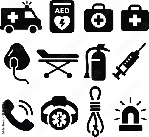 Medical Emergency Equipment  Ambulance, Defibrillator, First Aid & More  Solid Black EPS Silhouette Icon Set
