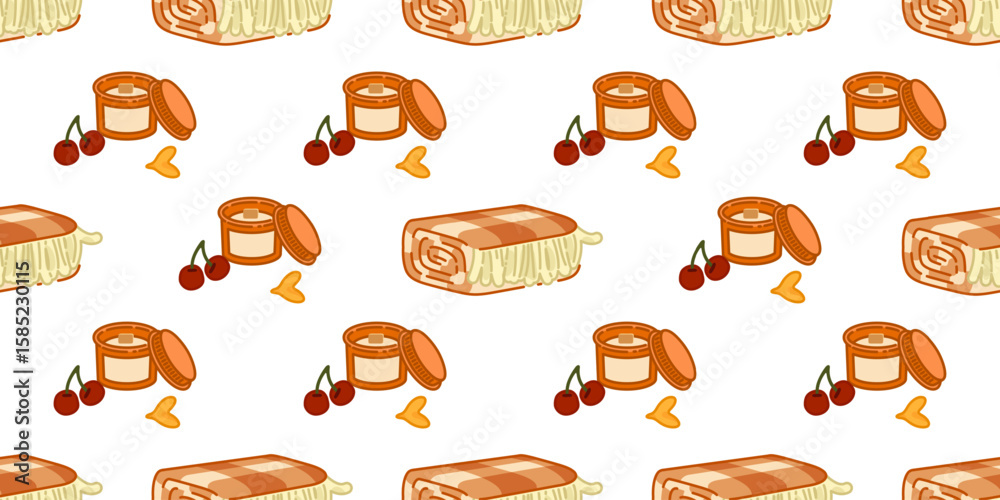 Fototapeta premium Cozy Blanket Candle Pattern Design. Seamless cartoon illustration with folded blankets, scented candles, cherries and petals in soft warm palette on light background.