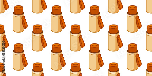 Camping Thermos Bottle Pattern. Seamless flat cartoon thermos design with warm travel mood, perfect for outdoor and hiking themed visuals.