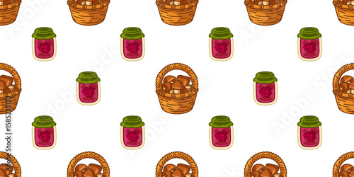 Forest Harvest Jam Pattern Design. Seamless cartoon-style pattern with mushroom baskets and berry jars in warm natural tones on white background.