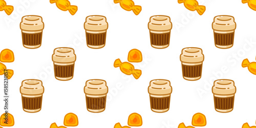 Seamless cartoon-style pattern with takeaway coffee cups and wrapped candies in warm cozy colors on light background.
