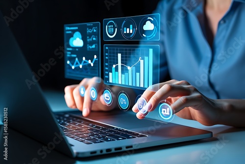 Close up of a person s hands interacting with a futuristic holographic interface displaying financial charts and cloud data analytics on a laptop