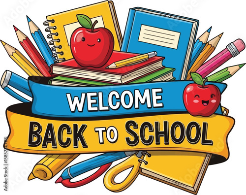 Vector art of a colorful cartoon illustration welcomes everyone back to school with books, pencils, notebooks, and a happy apple, isolated on white background