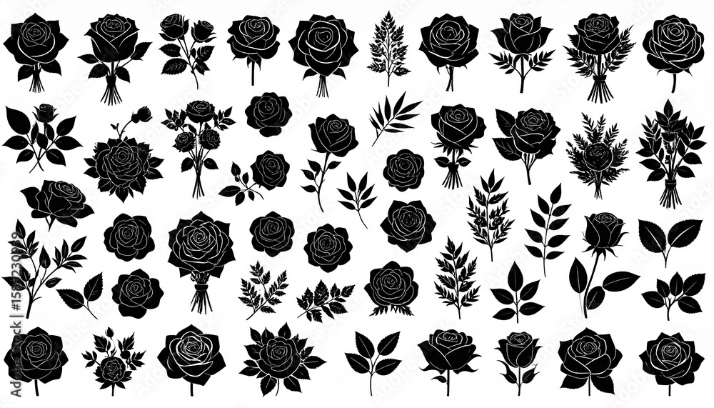 Fototapeta premium Roses silhouette set roses vector illustration set rose logo icon set black and white 