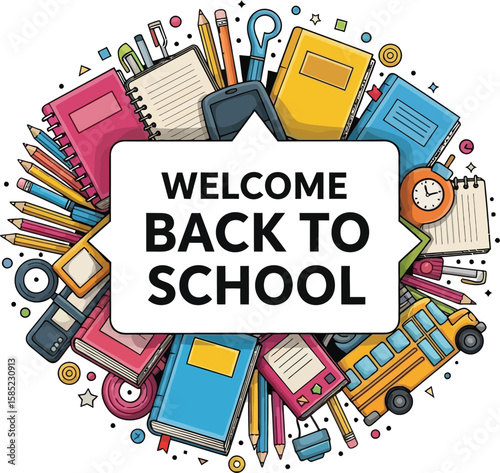 Vector art of a vibrant cartoon illustration welcomes everyone back to school, featuring books, notebooks, pencils, and other school supplies arranged in a circle, isolated on white background
