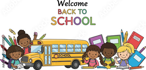 Vector art of a colorful welcome back to school scene with children and a school bus, surrounded by books and pencils, isolated on white background