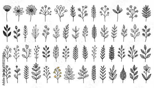 Hand drawn floral elements black silhouette leaves and twigs graphic design elements
