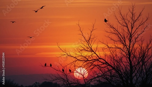 Silhouettes of birds on bare tree branches against a stunning orange and red sunset with the sun sinking below the horizon.