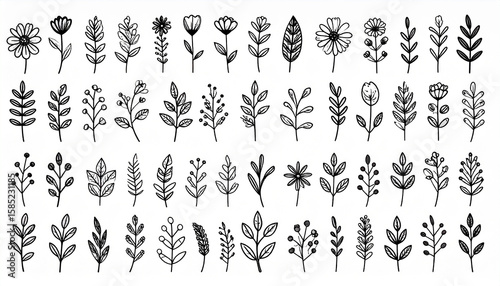 Hand drawn floral elements black silhouette leaves and twigs graphic design elements
