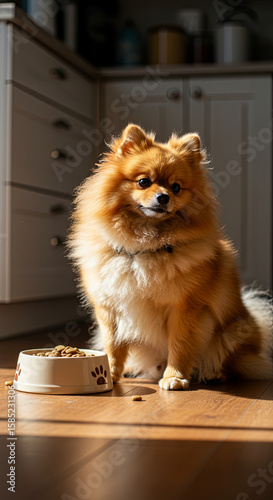 Portrait of a cute Pomeranian Pomeranian with a bowl of food. A small purebred dog is sitting on the floor waiting for breakfast. The concept of balanced nutrition and pet care.