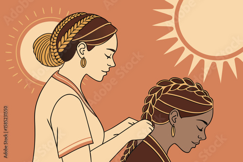 Illustration of a woman braiding another woman's hair under the warm glow of the sun in a serene scene