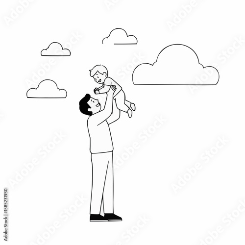 Father lifting baby in the air with clouds in the background for International Men's Day  