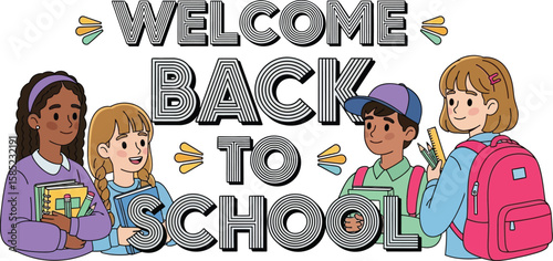 Vector art of a delightful backtoschool illustration featuring diverse students with books and backpacks, isolated on white background, promoting a welcoming and inclusive school environment