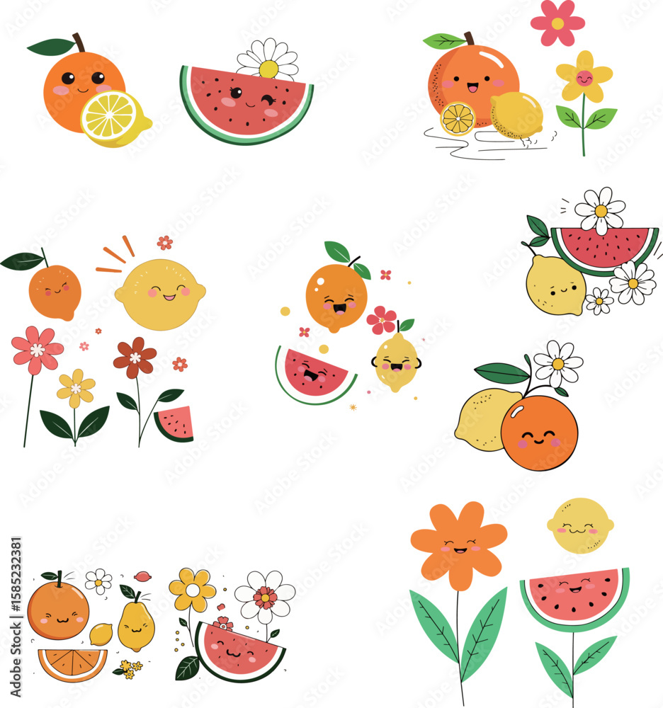 Fototapeta premium Cute Cartoon Fruits and Flowers