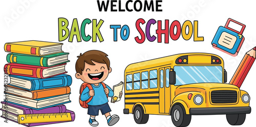 Vector art of a cheerful child stands beside a stack of books and a school bus, symbolizing the excitement of going back to school, isolated on white background