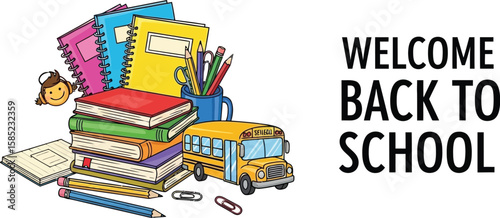 Vector art of a charming backtoschool illustration featuring a stack of books, school bus, and school supplies, isolated on white background, inviting students to learn