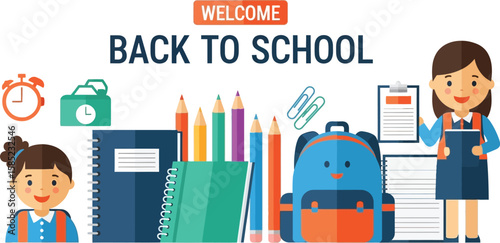 Vector art of a colorful welcome back to school illustration featuring children, school supplies, and a backpack, isolated on white background