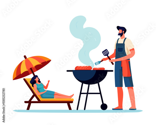 Couple Grilling and Relaxing Outdoors