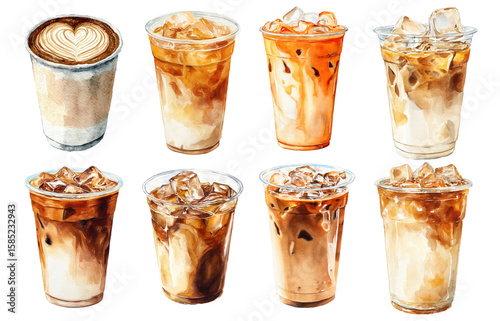 Coffee Latte Watercolor Set – Beverage Collection - Transparent Background