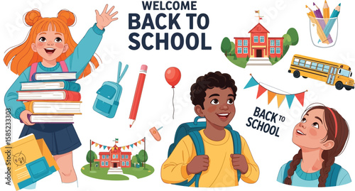 Vector art of a cheerful illustration welcomes students back to school, featuring diverse children, school buses, and books, promoting education and the joy of learning