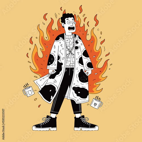 Cartoon Man Surrounded by Flames and Coffee Mugs
