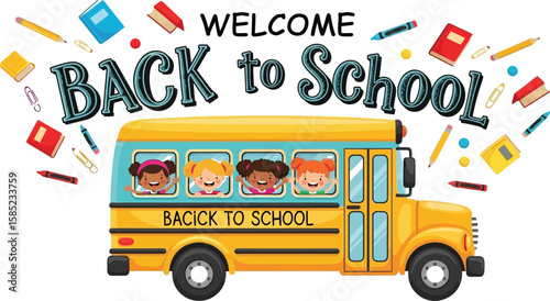 Vector art of a yellow school bus filled with happy children is ready to take them back to school, surrounded by school supplies isolated on white background