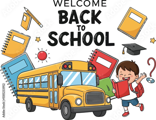 Vector art of a joyful back to school scene with a child reading near a school bus and books isolated on white background