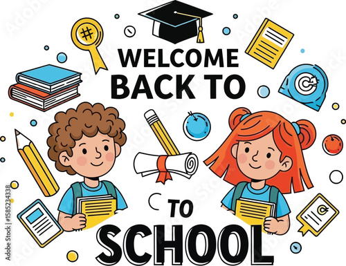 Vector art of a delightful cartoon illustration welcomes students back to school with cheerful children and educational icons, isolated on white background