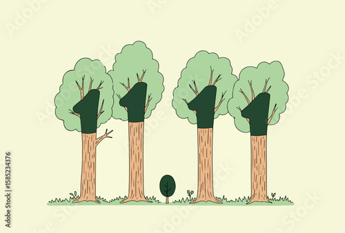 Four Trees with Number One Shaped Foliage