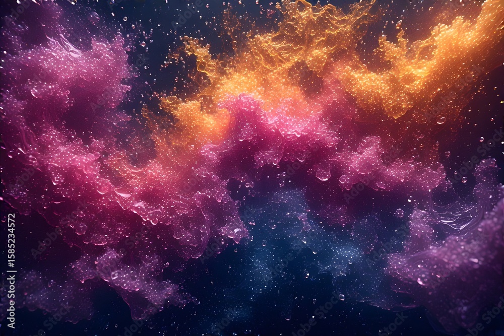 Naklejka premium ia generated. Abstract Cosmic Cloud of Vibrant Colors and Particles. Swirling abstract clouds of pink, gold, and blue particles on a dark background.