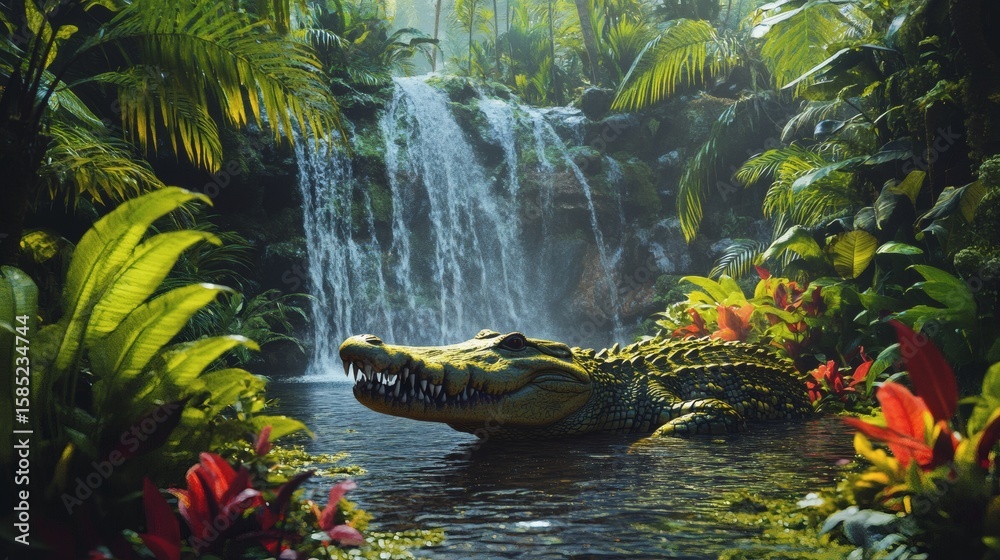 Fototapeta premium Crocodile resting near a tranquil waterfall in a lush jungle setting.
