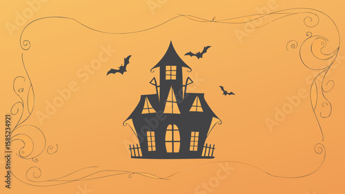 Silhouette of a haunted house with bats flying around it on an orange background with decorations