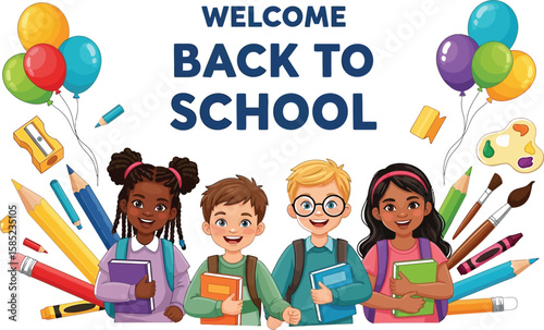 Vector art of a vibrant illustration showcases diverse children celebrating back to school with balloons and school supplies, creating a joyful and inclusive educational atmosphere