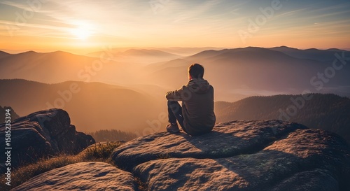 Man on mountain peak at sunrise