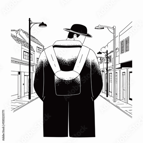 Man with Backpack Walking Down a Street