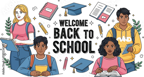 Vector art of a diverse group of students welcomes you back to school with books, notebooks, and graduation caps