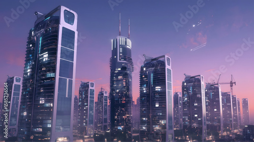 A stunning futuristic cityscape featuring sleek high-rise buildings with illuminated windows under a purple dusk sky, blending modern architecture with sci-fi elements and advanced urban development. 