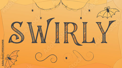 Swirly text with bats and spiders hanging from a string on an orange background for halloween decor