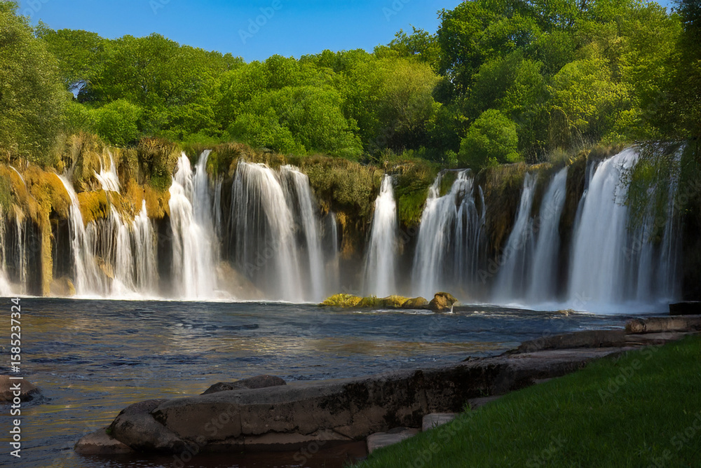 Obraz premium Multiple cascading waterfalls plunge into a calm river, surrounded by vibrant green forest under a clear blue sky on a bright summer day