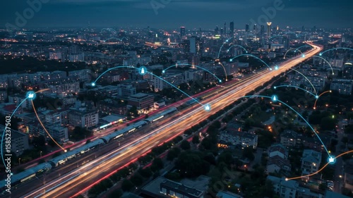 City illuminated connected by digital pathways