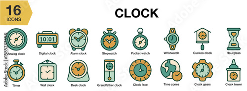 Clock flat icon set. Includes clock, time, watch, hour, minute, and More. Flat icons vector collection.